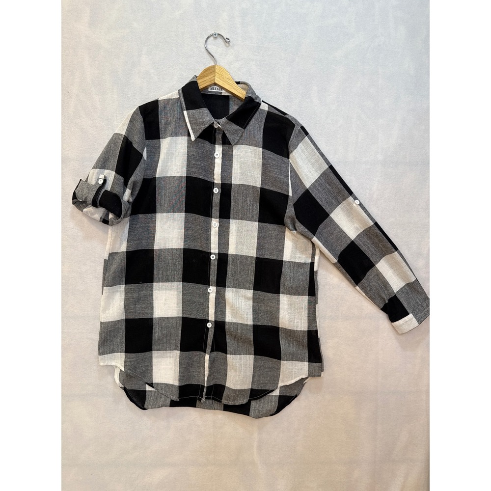 MLTAGE Black and White Plaid Button Down Shirt Top Long Sleeve Casual